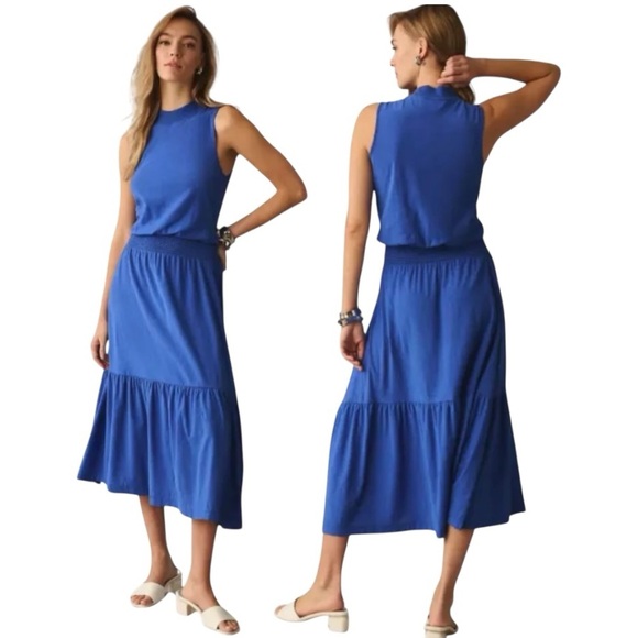 National LTD Barret 90’s Blue Bottle Sleeveless Mock Neck Midi Dress Women’s Med - Picture 1 of 11